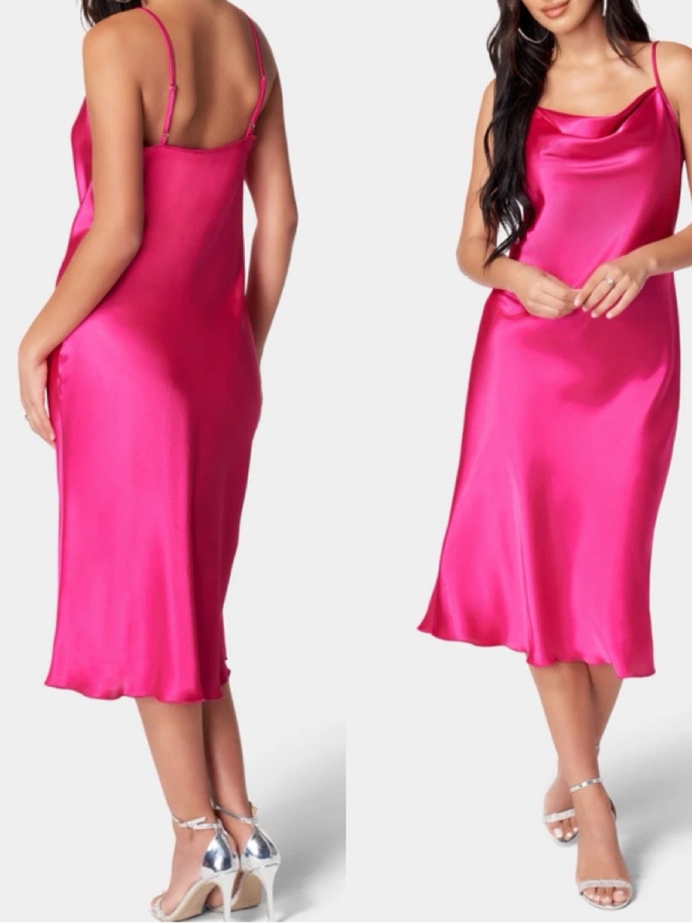 bebe Fuschia Satin Cowl Neck Slip Dress